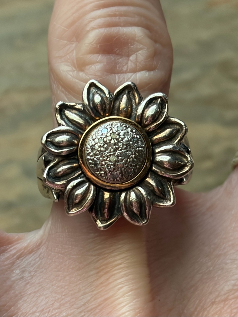 Designer Sterling And 14K Gold Daisy/Sunflower? Ring With Diamond  Chips Ring - Picture 9 of 15